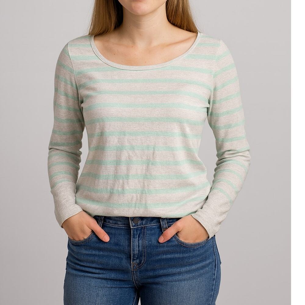 Victoria's Secret PINK Medium Womens Top Green Gray Stripe Wide Neck